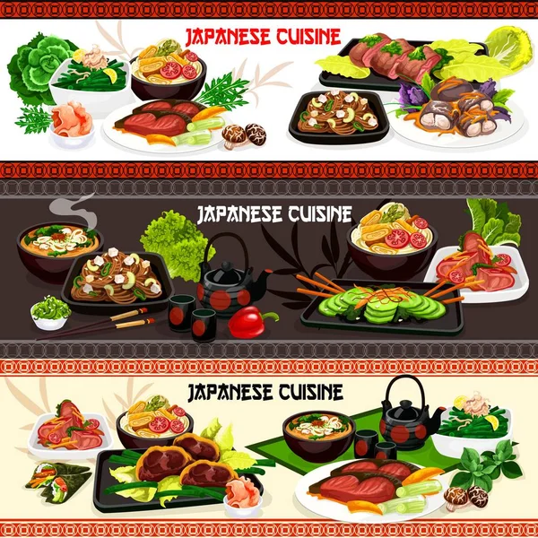 Sushis japonais, soupe de viande, nouilles de riz et poisson — Image vectorielle