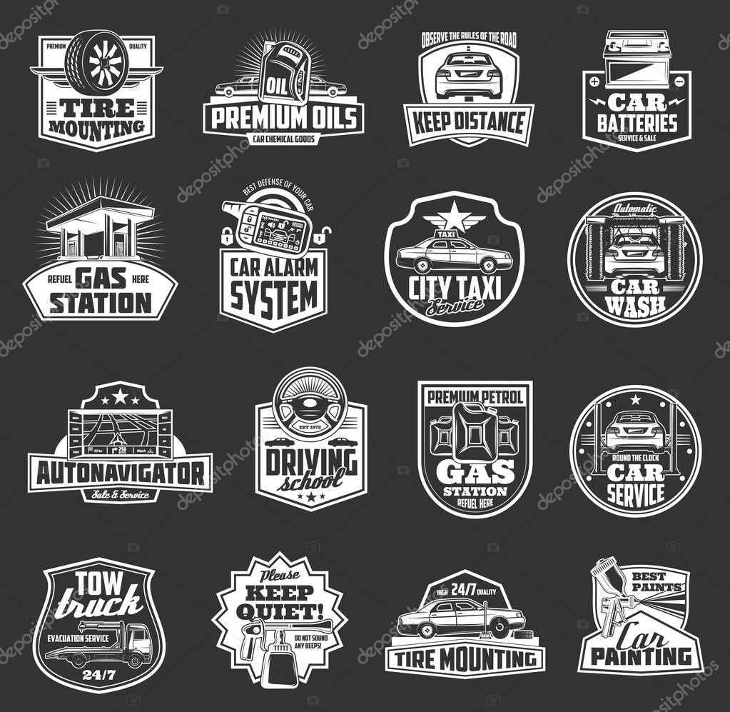 Car service vector badges with auto repair spare parts, vehicle tire and steering wheel, battery, motor oil and fuel can, tow truck and alarm key monochrome icons. Car wash, paint and towing emblems