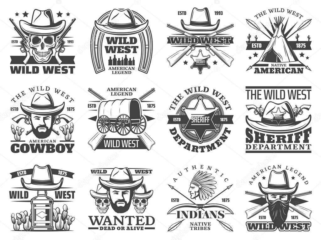 Wild West cowboy, skull, sheriff and western bandit vector icons. Bearded men with hats, guns and Texas ranger star badge, indian chief, old wagon and revolvers, horseshoe, arrows and bows
