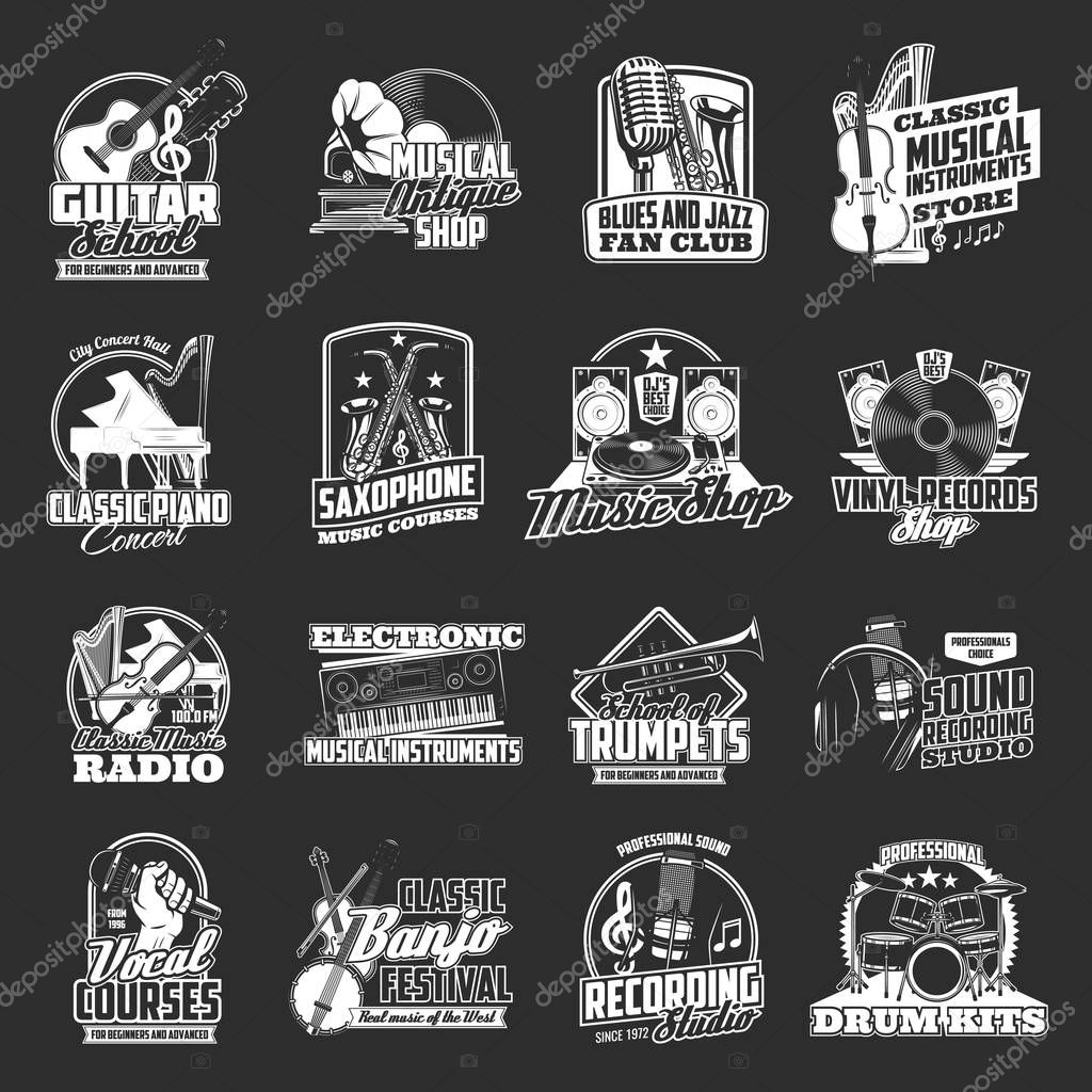 Musical instrument, vinyl record and sound recording studio vector icons of music shop design. Guitar, drum and saxophone, microphone, headphones and trumpet, piano and synthesizer monochrome symbols