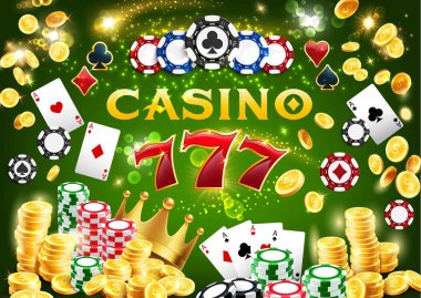 Casino fişleri, poker kartları, 777 ve altın sikkeler