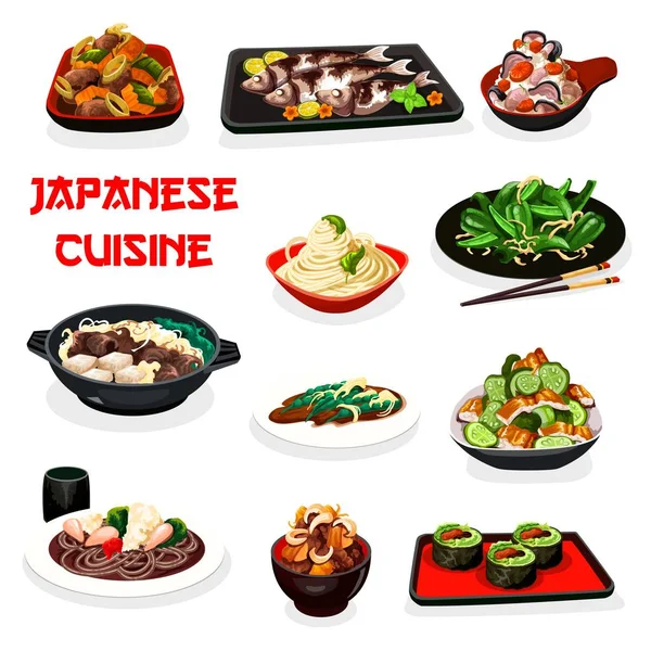 Japán konyha sushi tekercs, pörkölt és saláták — Stock Vector