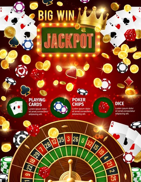 Casino roulette, patatine fritte, dadi, carte da poker — Vettoriale Stock