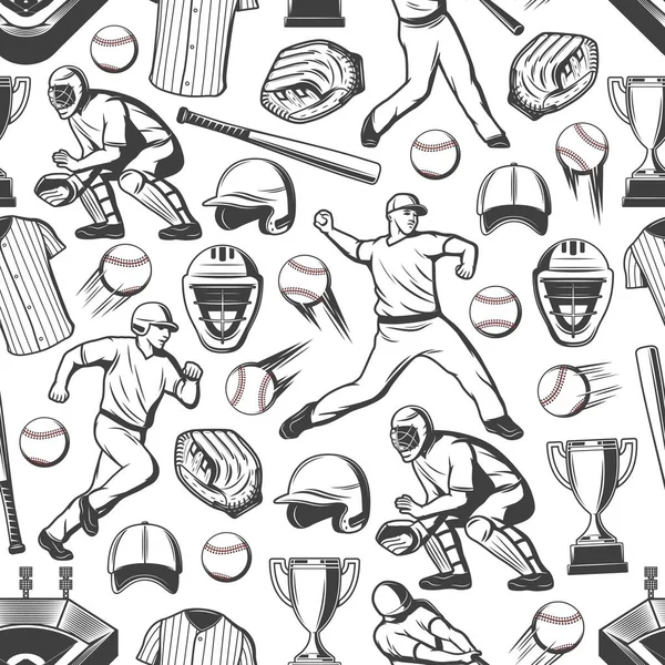 Baseball joueurs de sport, balles et chauves-souris modèle — Image vectorielle