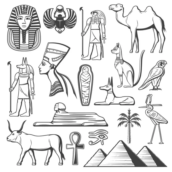 古代エジプトのファラオ、ミイラ、ピラミッド、スフィンクス — ストックベクタ