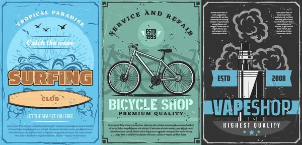 Tabla de surf, bicicleta o kit de vapor — Vector de stock