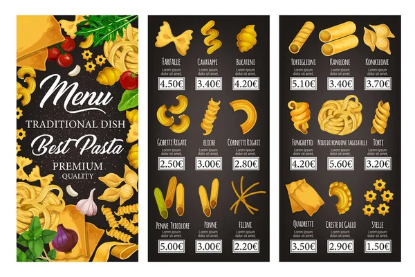 Italiaanse pasta menu van spaghetti, Penne, macaroni — Stockvector
