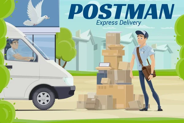 Carteiro e encomendas perto dos correios. Entrega de correio —  Vetores de Stock