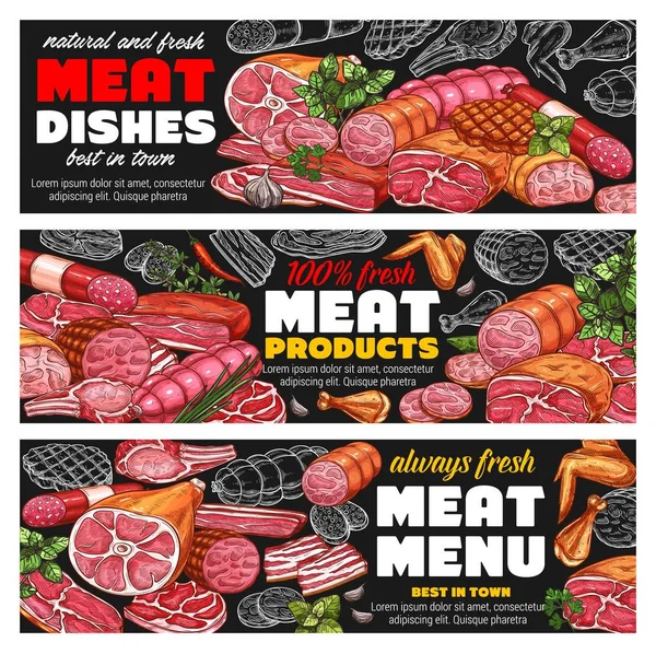 Embutidos de carne, jamón, tocino, salami. Menú pizarra — Vector de stock