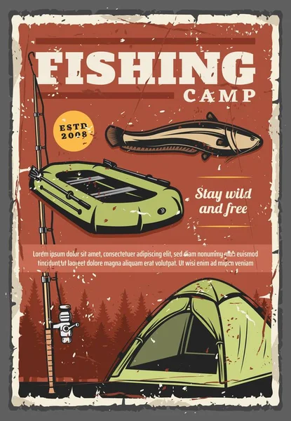 Fishing rod, fish, fisherman boat and tourist tent — Stock Vector