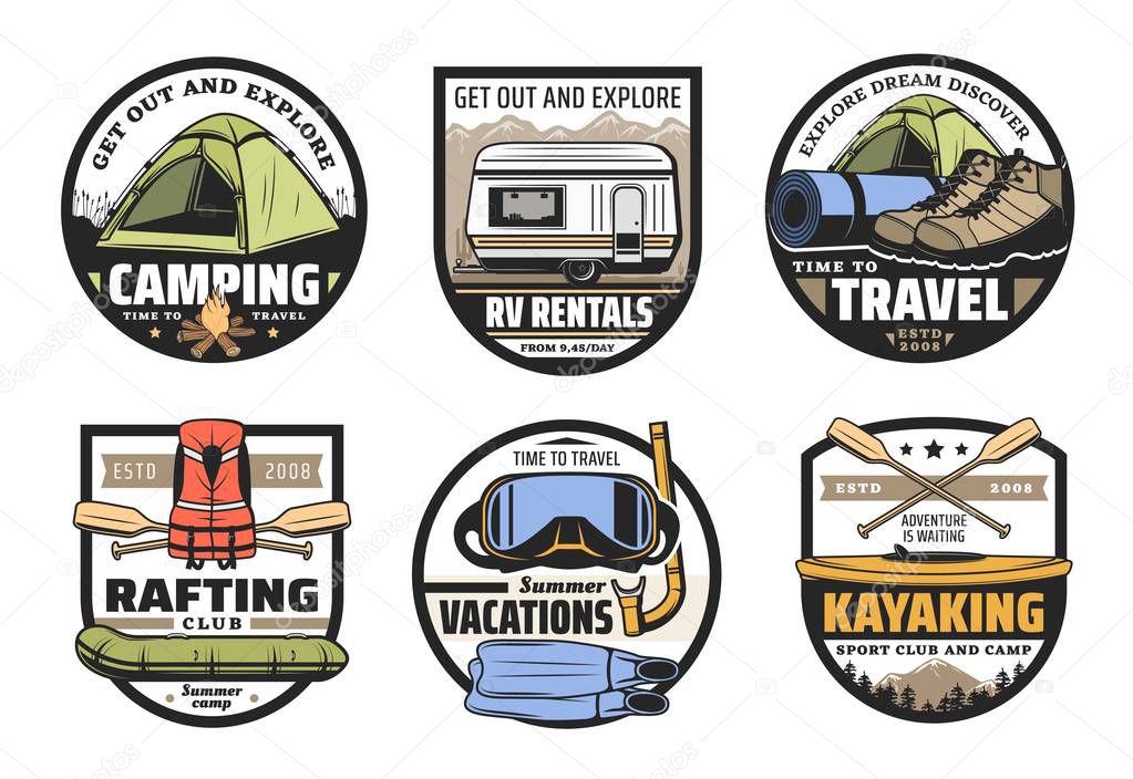 Mountain camping, summer vacation adventure and travel, rafting and kayaking sport club vector icons. Camp tent, hiking boots and tourist equipment, campfire, boat, kayak and paddles retro badges