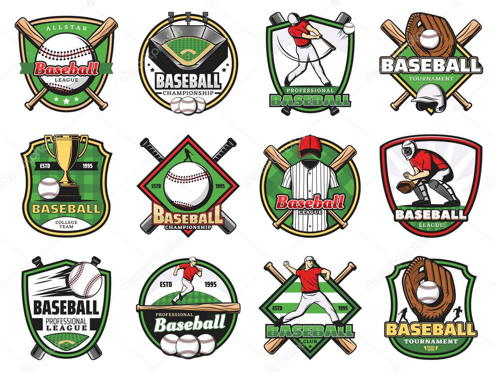 Baseball sport balls, bats, players, stadium field