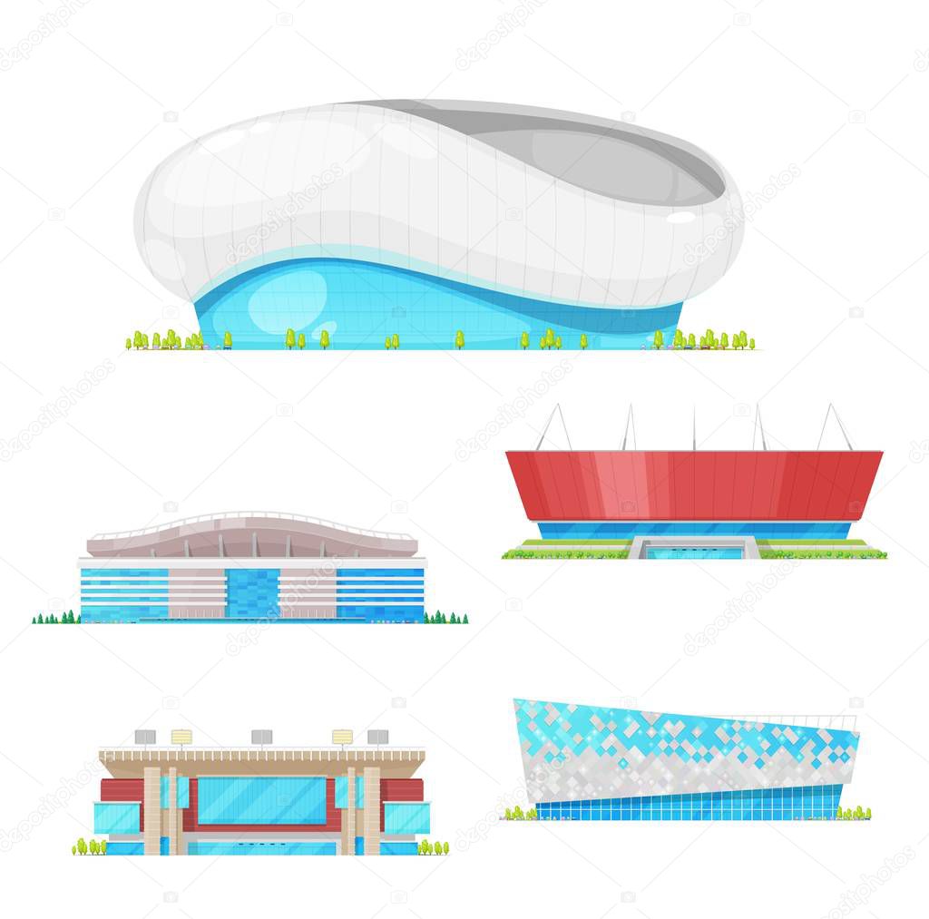 Stadium building vector icons of football, soccer, baseball and track and field sport arenas. Urban construction modern facades with lights and entrances, architecture design