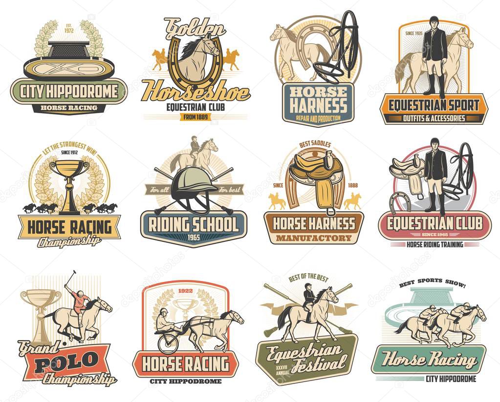 Equestrian sport vector badges of horse race, polo and riding school design. Jockey, racehorse and saddle, horseshoe, winner trophy cup and rider helmet, hippodrome, equine harness and polo mallets