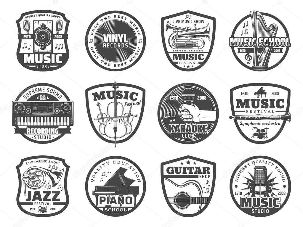 Musical instrument and equipment badges of music shop and sound recording studio vector design. Guitar, piano and microphone, vinyl records, trumpet and harp, tuba, flute, synthesizer and loudspeaker