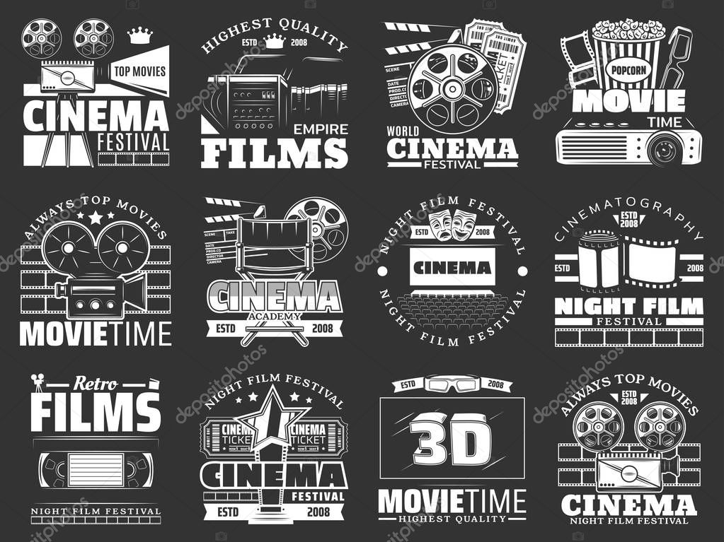 Cinema and movie vector badges with film reel, movie theater and tv set, popcorn, 3d glasses and video tape, camera, tickets and projector, clapperboard and film strip. Film festival, leisure design