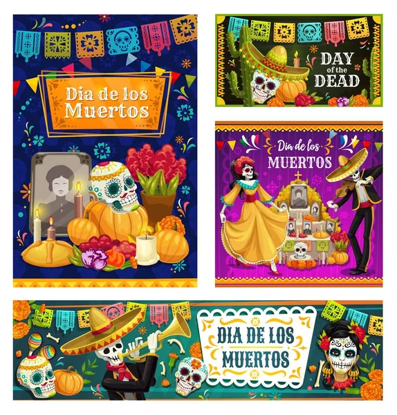 Día de los Muertos Calaveras mexicanas de azúcar, esqueletos — Vector de stock