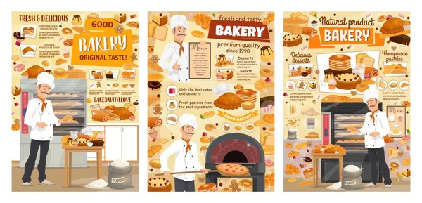 Pão de padaria, sobremesas de pastelaria e confeitaria — Vetor de Stock