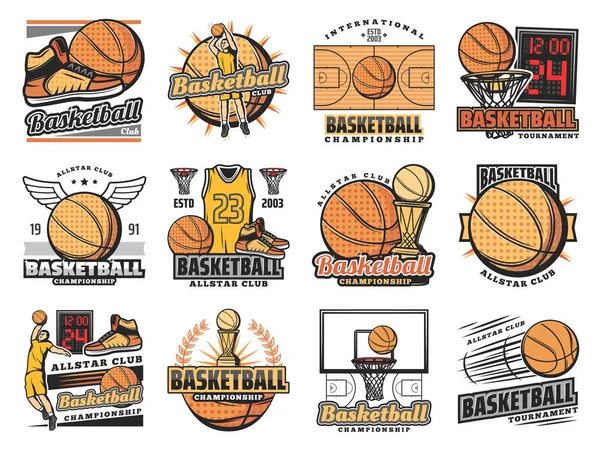 Club deportivo de baloncesto, insignias del equipo de streetball — Archivo Imágenes Vectoriales