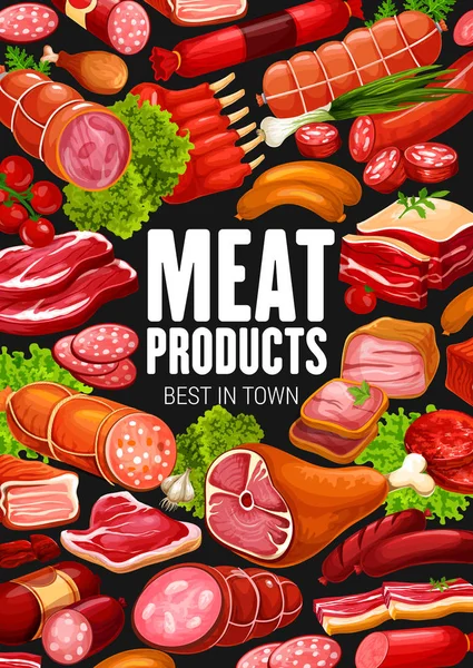 Salsichas de carne de talho, delicatessen gourmet —  Vetores de Stock