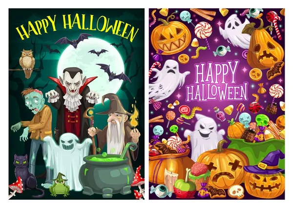 Halloween partie de dessins animés sorcières et monstres morts — Image vectorielle