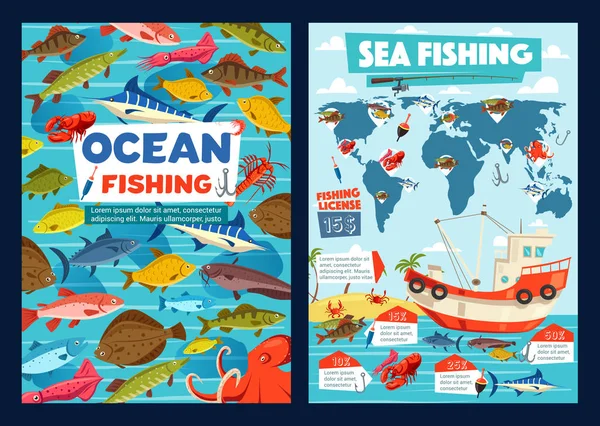 Visserij-industrie, Oceaan en zeevis vangst — Stockvector