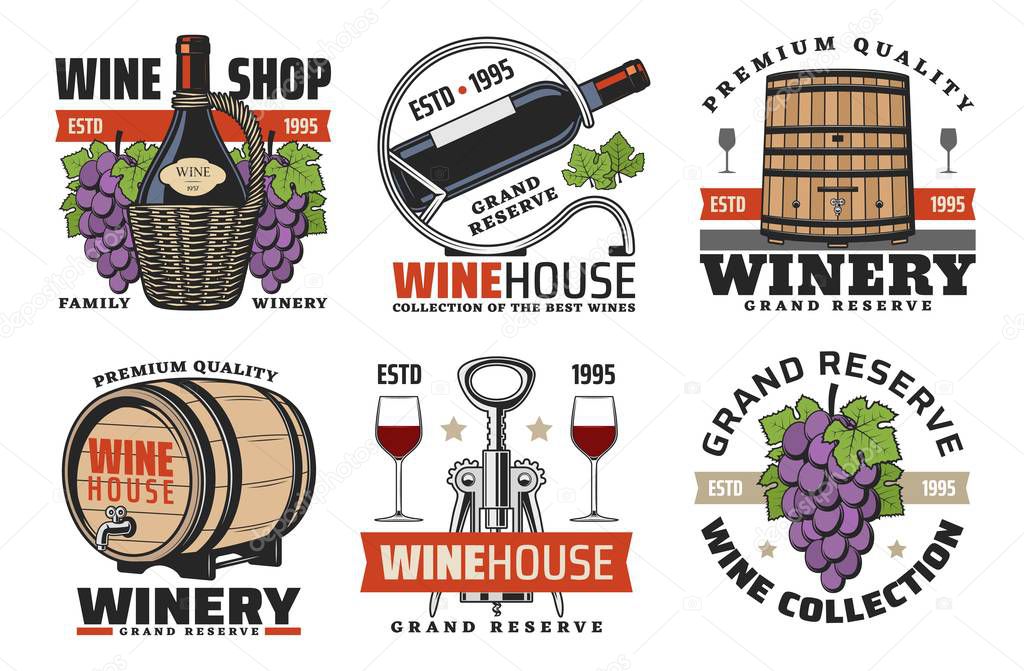 Winemaking house and winery wine grand reserve icons. Vector wine production factory and shop icons of wooden barrels and red wine glass, vineyard grape and premium quality ribbon