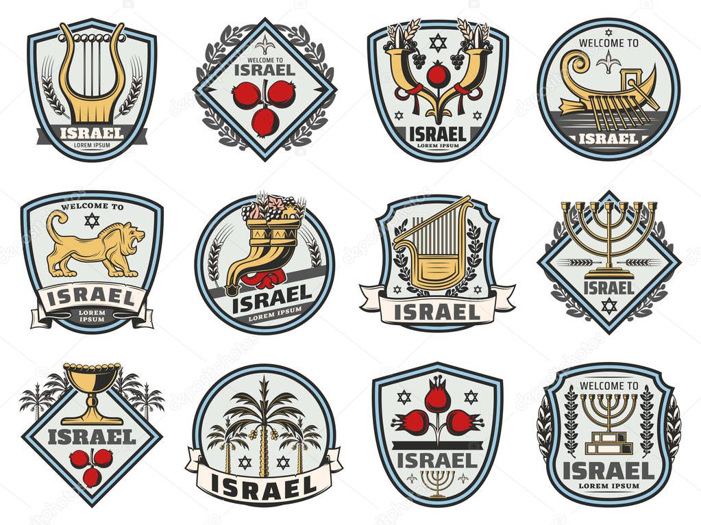 Israel travel and welcome badges, traditional Jewish heraldic symbols. Vector Judaism religion icons of Hanukkah Menorah, David star and Shofar cornucopia horn, holy grail and and pomegranate