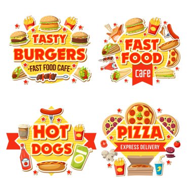Fast food burger, pizza ve sosisli menü dolar