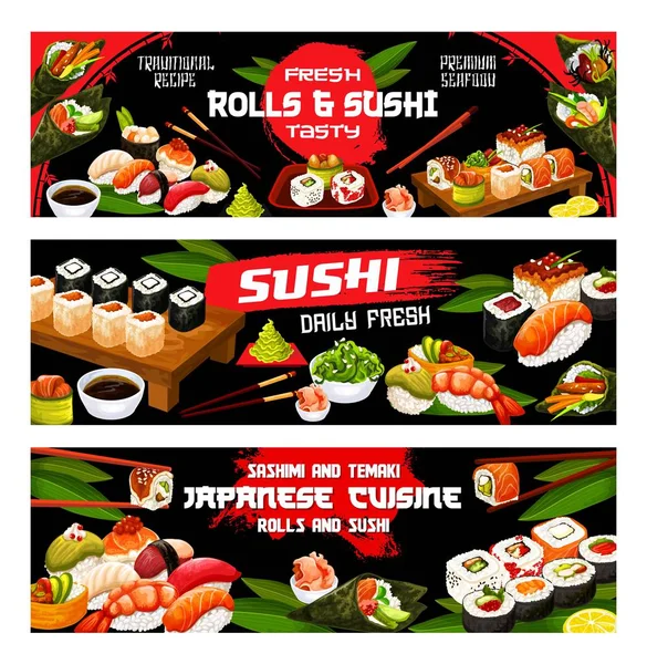 Asiatisches Sushi-Essen, japanische Meeresfrüchte-Brötchen-Karte — Stockvektor