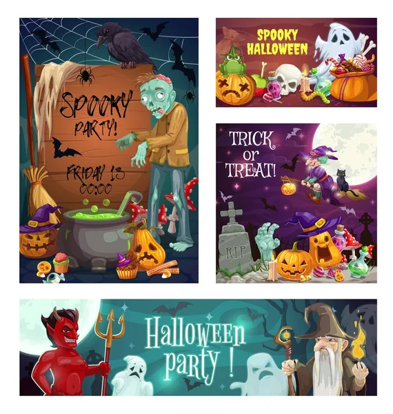 Призраки Хэллоуина, ведьма, тыквы и конфеты — стоковый вектор