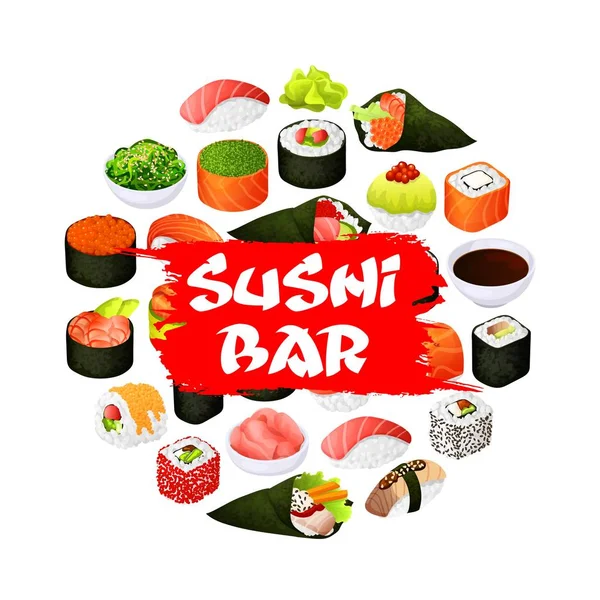 Asiatiska sushi bar mat, japanska skaldjur rullar — Stock vektor