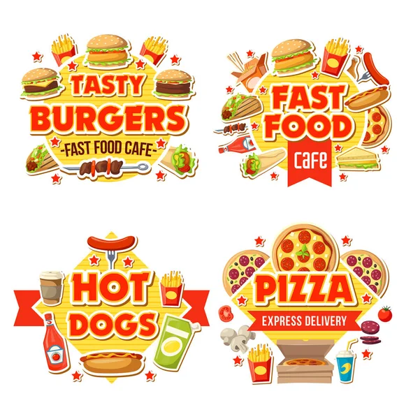 Fast food hambúrgueres, pizza e cachorros-quentes dólar menu — Vetor de Stock
