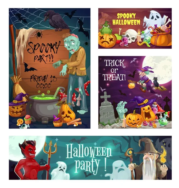 Halloween ghosts, witch, pumpkins and candies — Stock Illustration Halloween ghosts, witch, pumpkins and candies Vector Graphics