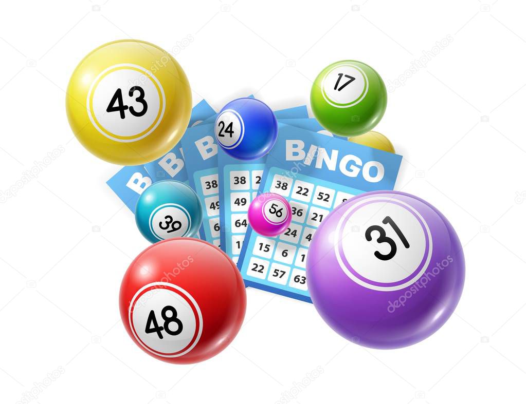 Bingo lotto game balls and lottery cards with lucky numbers. Vector poster for bingo lottery tv show backdrop and lotto win tickets store, gmabling and win chance