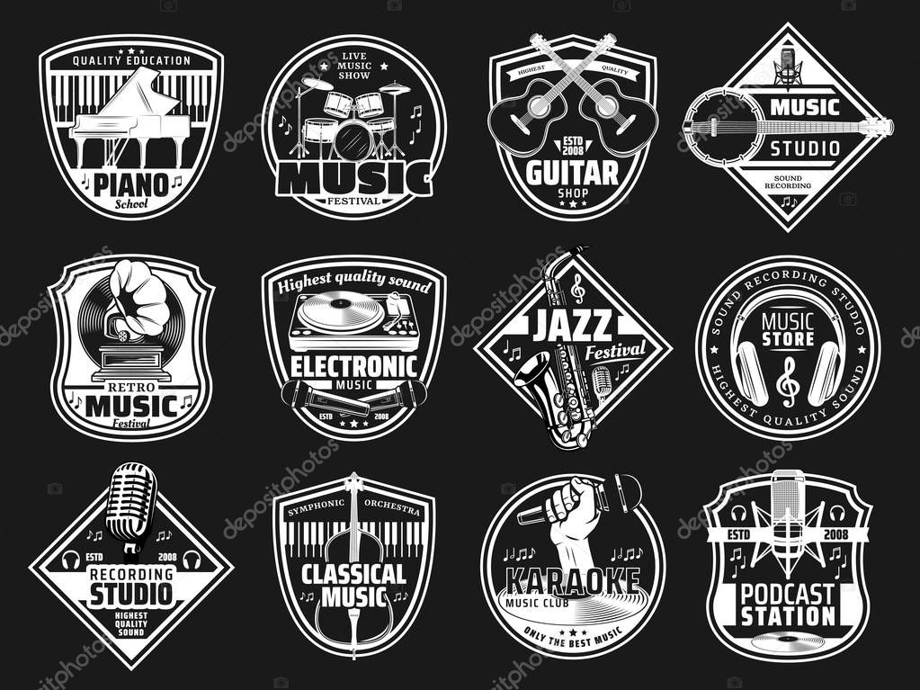 Music festival, karaoke bar and recording studio label signs. Vector podcast radio station, retro music instruments shop, electronic music DJ sound equipment and jazz band concert icons