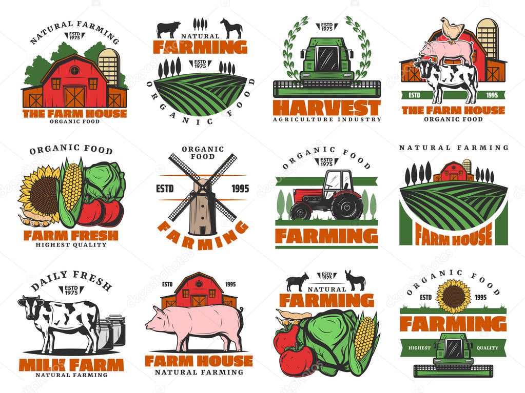 Farm agriculture icons, cattle farming organic food products meat and vegetables. Vector farmhouse wheat and rye mill, farmer tractor on harvest, cow and pig, poultry chicken and dairy products