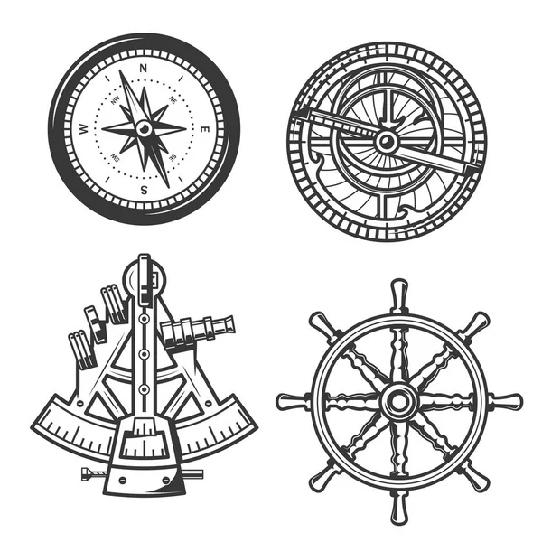 Mariene navigatie kompas, schip helm en Sextant — Stockvector