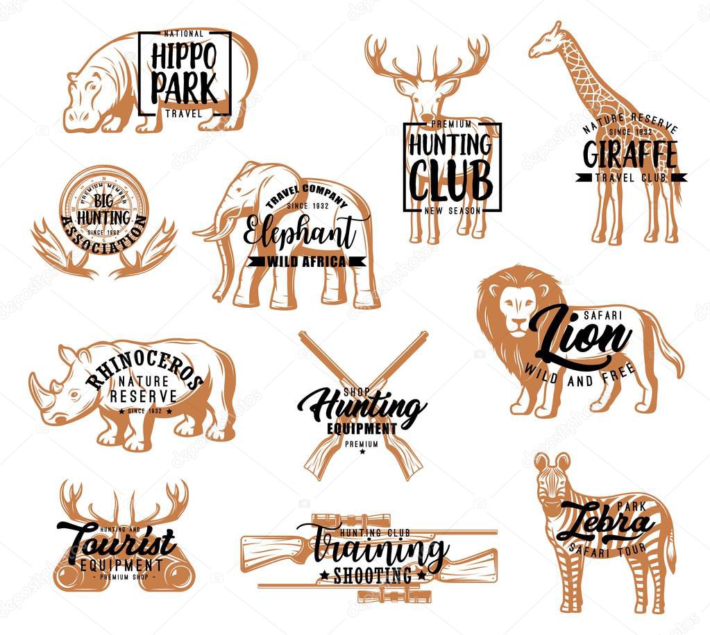 Hunting club, African safari hunt season lettering icons. Vector hippo park and rhinoceros nature reserve calligraphy badges, hunter shooting training sport and zebra safari tours, lion and giraffe