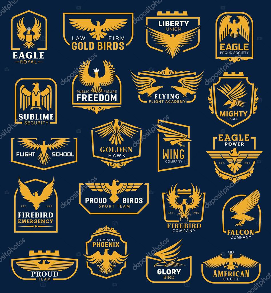 Heraldic eagle icons, business corporate identity signs. Vector heraldic golden hawk and eagle wing of aviation academy, liberty union and flight school, firebird emergency and phoenix company symbol