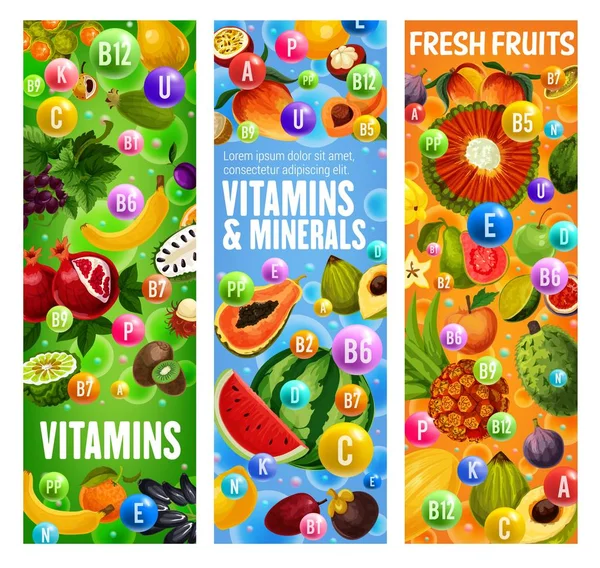 Exotische Früchte, gesunde Nahrung Vitamine und Mineralstoffe — Stockvektor