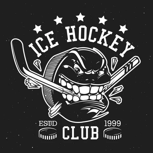 Ice hockey puck with teeth and stick, club sign — Stock Vector