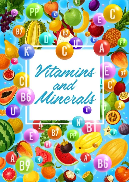 Frutas ecológicas, alimentos saludables vitaminas y minerales — Archivo Imágenes Vectoriales