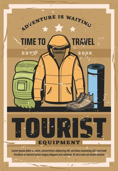 Turistik seyahat kıyafeti ve yürüyüş spor ekipmanları — Stok Vektör
