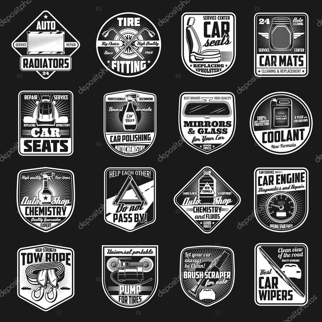 Car service and auto repair garage icons, automotive spare parts shop. Vector automobile engine mechanic maintenance, tire pump and radiator coolant replacement, car polishing and windshield wipers
