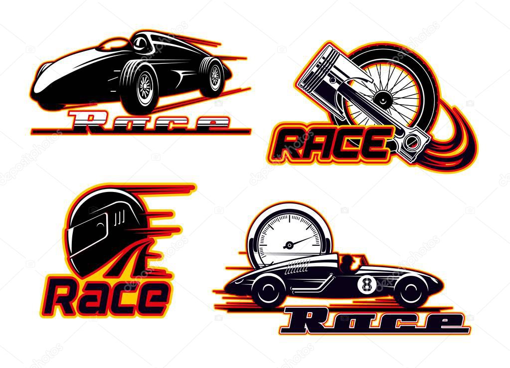 Car races, motor speed racing, auto engine icons