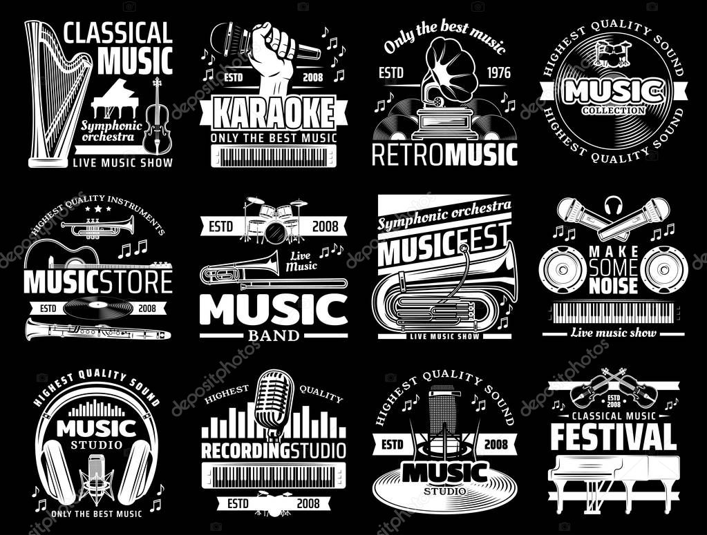 Vector musical instrument stores and shops, symphonic orchestra harp and piano, karaoke club, live music icons. Retro vinyl discs and record studios, microphones and headphones