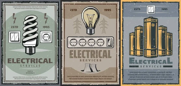 Ηλεκτρικές μπαταρίες και λαμπτήρες, ρετρό στυλ — Διανυσματικό Αρχείο