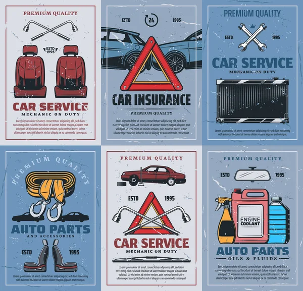 Repuestos, seguro de coche, reparación de vehículos retro — Vector de stock