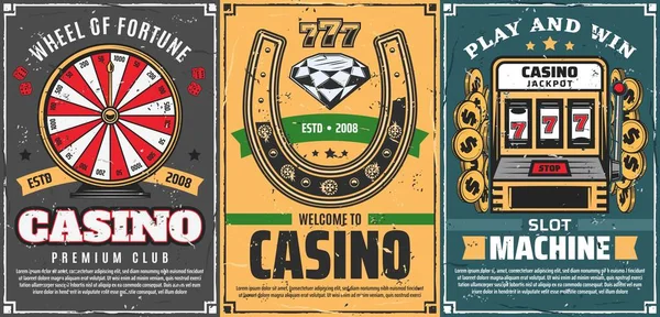 Poker, slot machine 777 no casino, ferradura da sorte — Vetor de Stock